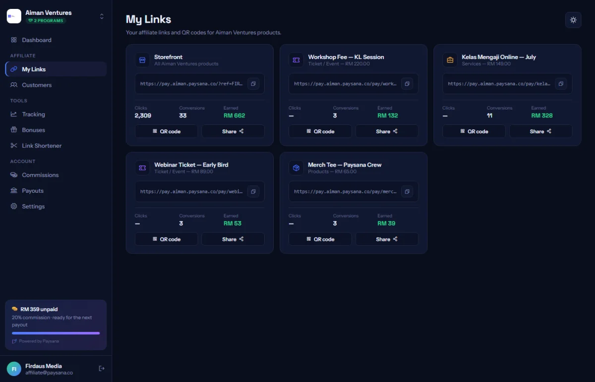My Links: a tracking link and QR code for every product you can promote.