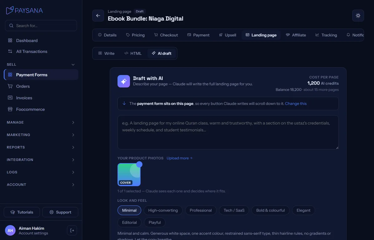 The AI draft tab: cost and balance up top, your product photos, and a look for the page.