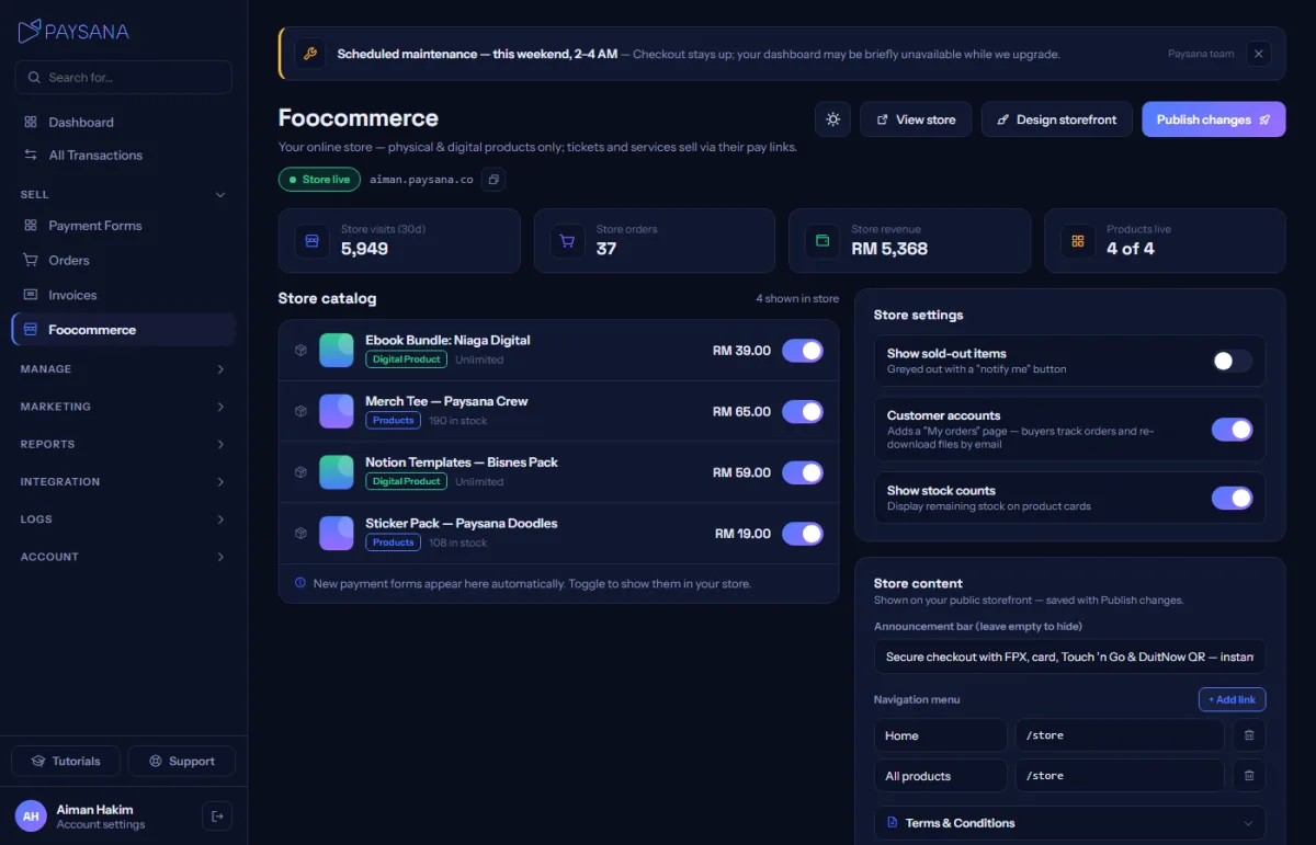 Your shop catalogue. Toggling a product in or out is one switch, then Publish changes.