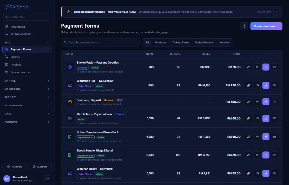 Your payment forms, with views, orders and sales for each one.