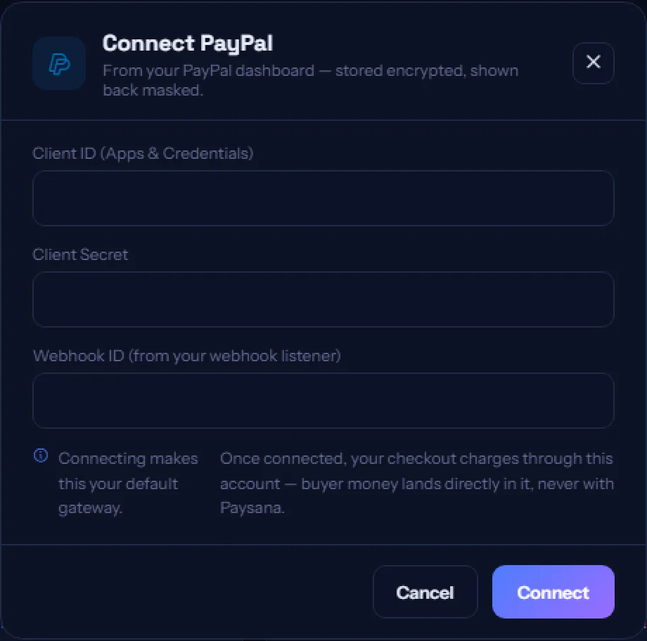 Connecting a gateway. Each provider asks for exactly the fields it needs, and tells you where to find them.