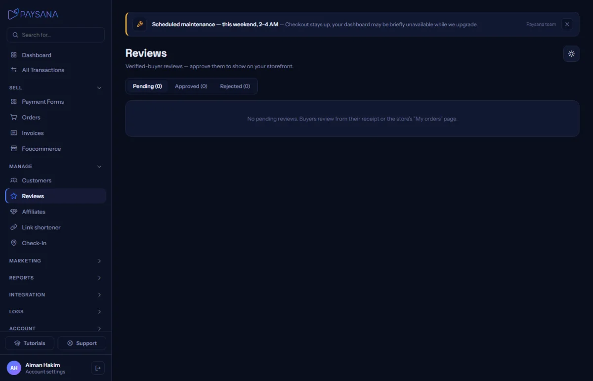 The reviews queue. Nothing is public until you approve it.