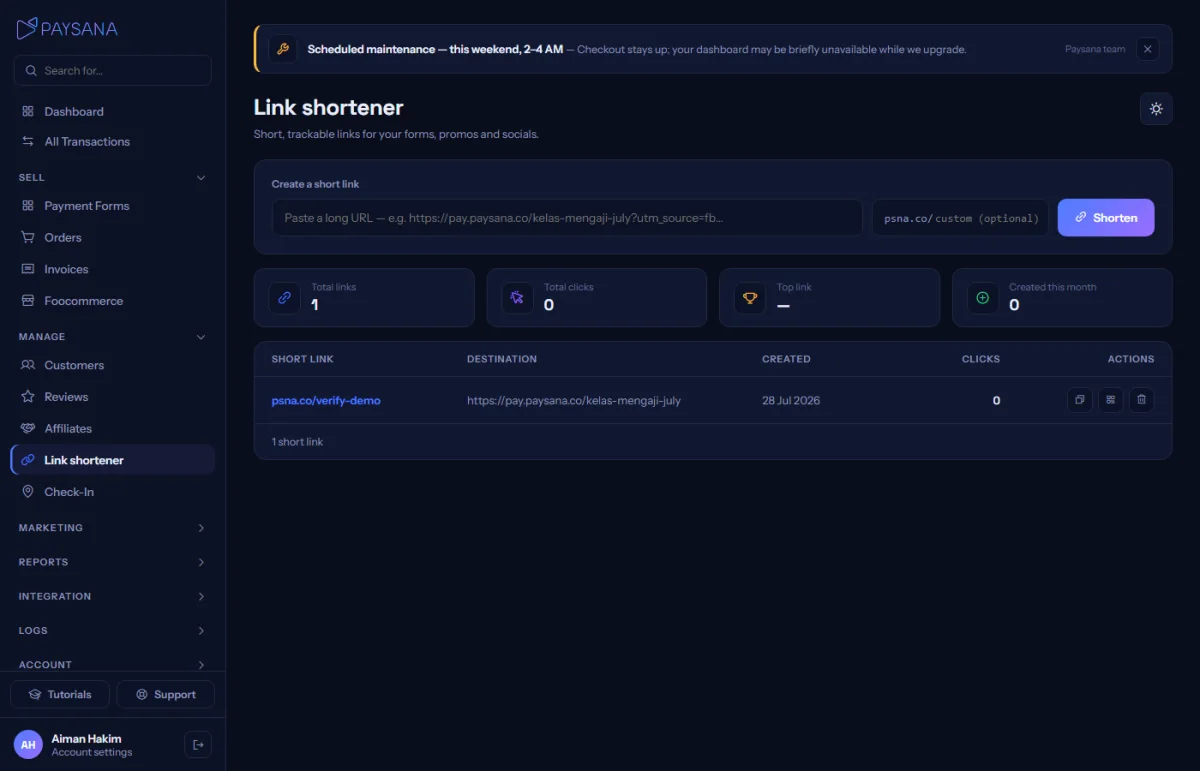 The link shortener, with click counts and a QR code for each link.