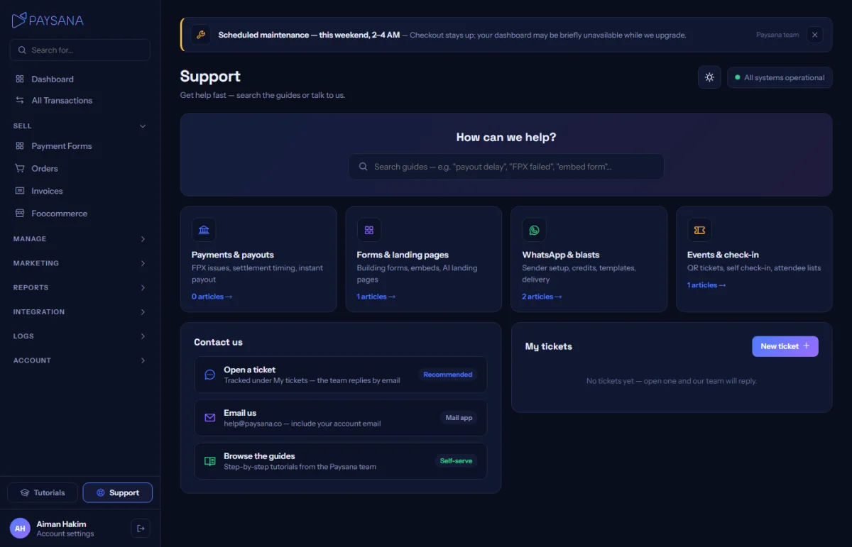 The support page: raise a ticket, browse help topics, and see your open tickets.