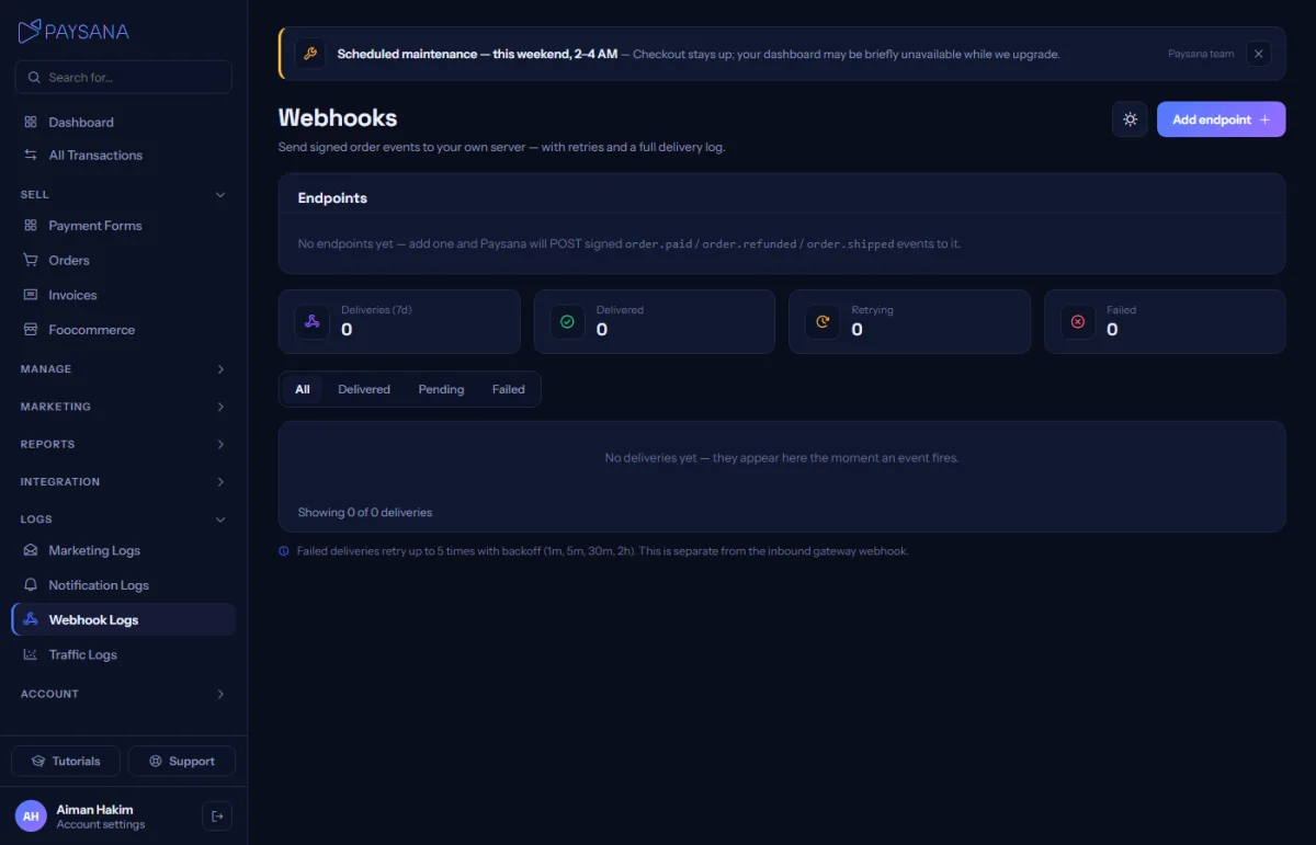 Webhook endpoints and their delivery history, with the payload of every attempt.
